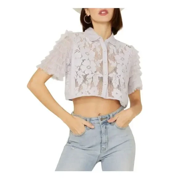 Free People Women’s Madonna Semi-Sheer Lace Cropped Top Blouse Lilac Size XL - Picture 2 of 9